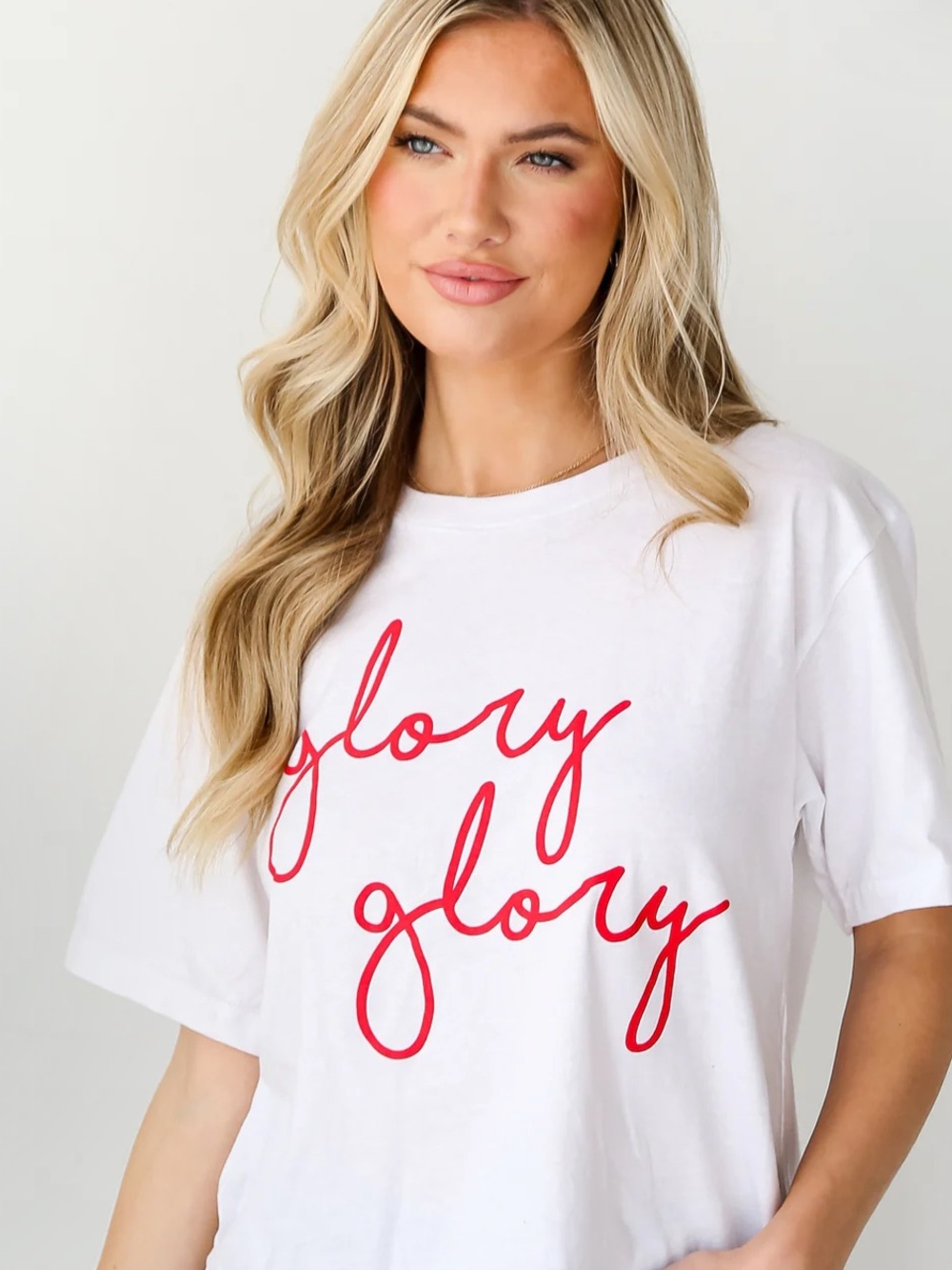 White Short Sleeve Tee with Red "glory glory" Script Comfort Wash Medium